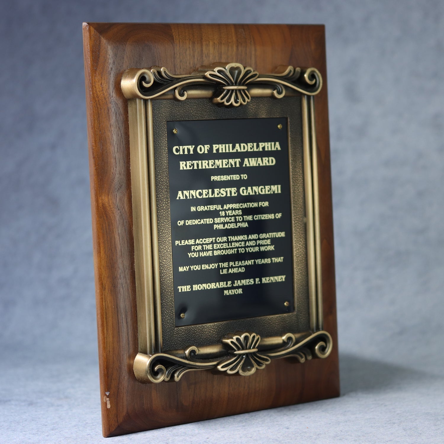 Solid Walnut Plaque with Antique Gold Metal Scroll Frame